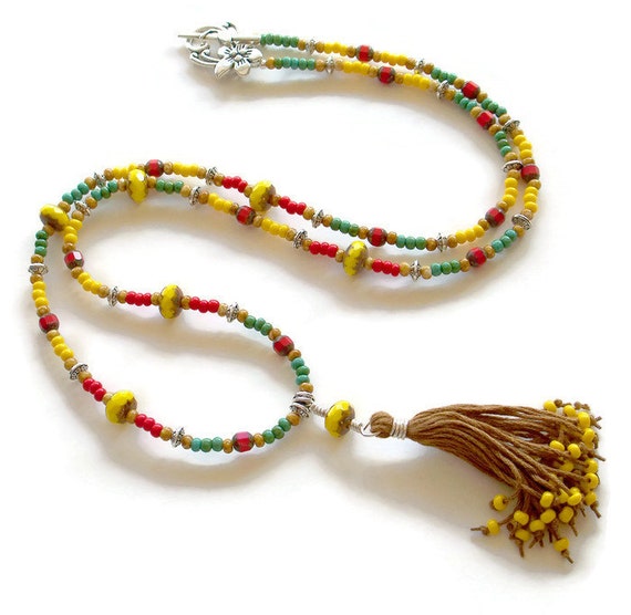 Beaded Tassel Tibetan Style Necklace, Boho Tassel Necklace