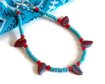 Turquoise Beaded Anklet: Red Czech Glass Leaf Boho Ankle Bracelet