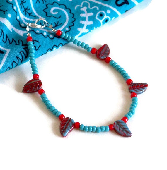 Beach Anklet, Boho Anklet, Beaded Anklet, Beaded Ankle Bracelet, Turquoise and Red Anklet