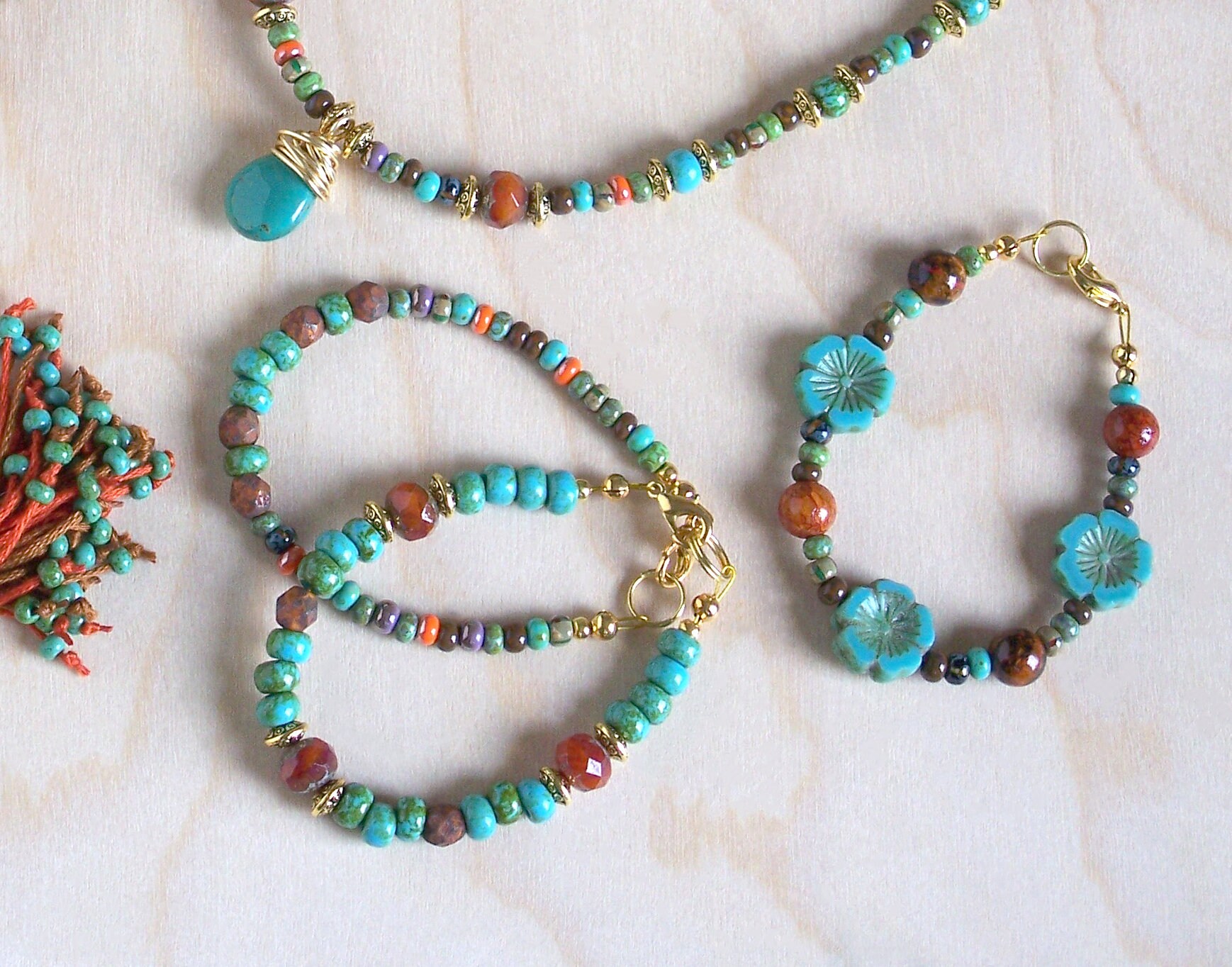 Beaded Stacking Bracelets, Boho Beach Bracelet Set, Turquoise Coral