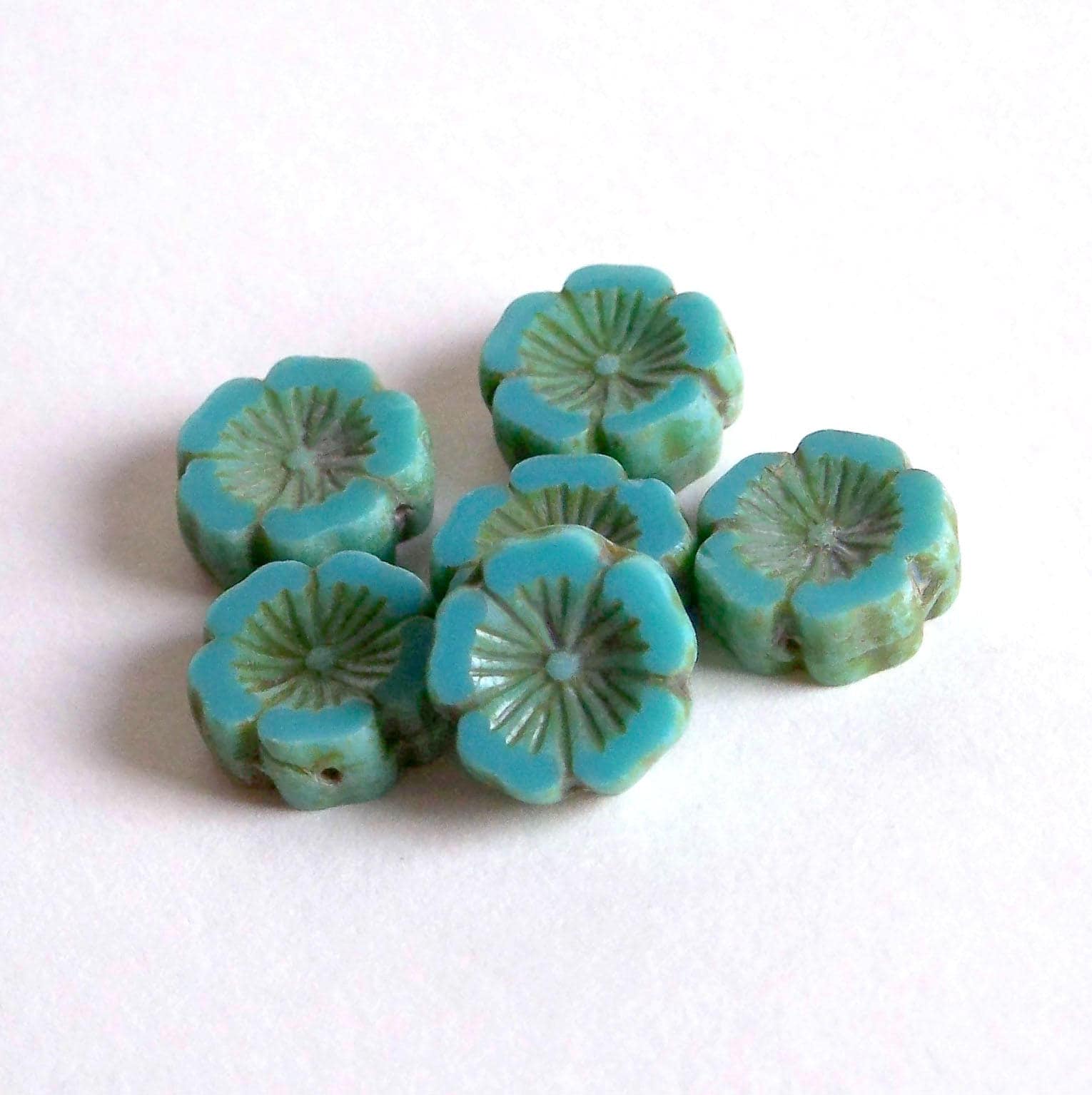 14mm Hawaiian Flower Beads, Czech Glass Beads, Turquoise Green Hibiscus ...