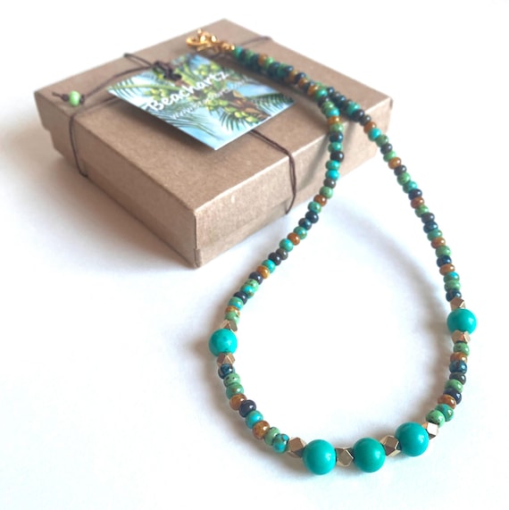 Beaded Choker Necklace Turquoise Gemstones and Czech Seed Beads, Boho Beaded Necklace with Free Gift Box, Gift for Her