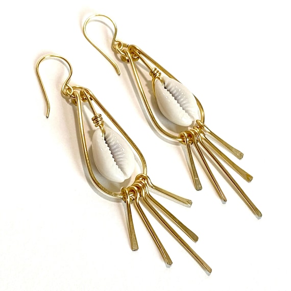 Modern Boho Beach Style, Gold Dangle Statement Earrings with Natural Cowrie Shells, Free Gift Box, Gift for Her