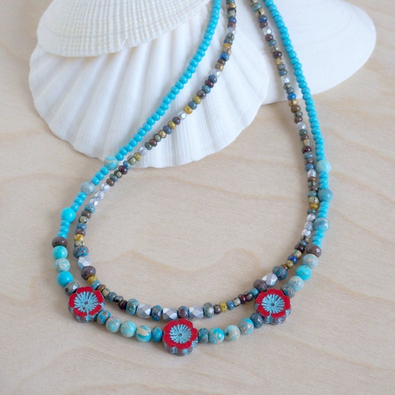 Beaded Layering Necklace, Boho Beach Necklace Set, Blue Sky Collection, Red Coral Turquoise Blue Jasper, Boho Gemstone Choker