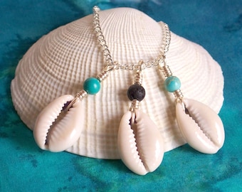 Wire Wrapped Cowrie Shell Necklace: Turquoise, Lava, Jasper