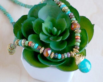 Boho Beaded Choker: Turquoise Coral Czech Glass Necklace