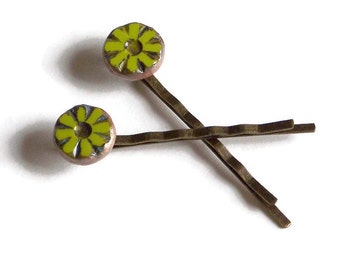 Green Flower Hair Pins: Boho Brass Bobby Pins, Czech Glass (Set of 2)
