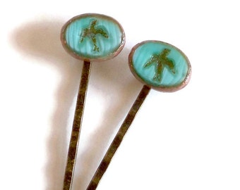 Blue Green Bird Boho Hair Pins, Green and Brass Bobby Pins, Boho Hair Jewelry, Antique Brass Seagull Hair Pins, Bronze Hair Pins