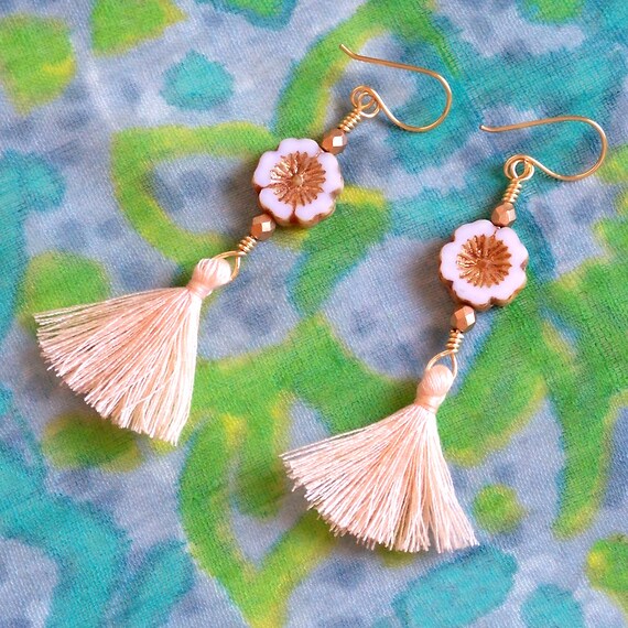 Boho Tassel Earrings, Hawaiian Flower Tassel Earrings, White Gold Flower Earrings, Beach Tassel Earrings