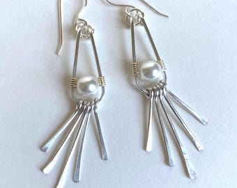Silver Dangle Statement Earrings: Pearl Czech Beads, Boho Beach Style