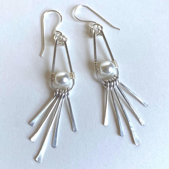 Modern Boho Beach Style, Silver Dangle Statement Earrings with Czech Pearl Beads, Free Gift Box, Gift for Her, Free Shipping