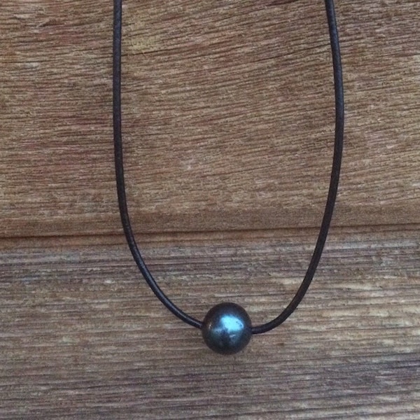 Amazing 11mm Black Tahitian Peacock Pearl Convertible Necklace/Bracelet on Supple Leather Cord Adjustable Slip Knot Unisex