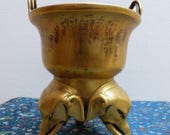 Vintage Chinese Bronze Tripod Censer with Elephant Feet on Boxed Silk Fringed Table Mat from Japan