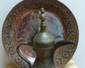 Vintage Middle Eastern Copper Tray with Islamic Calligraphy with Bedouin Dallah Coffee Pot