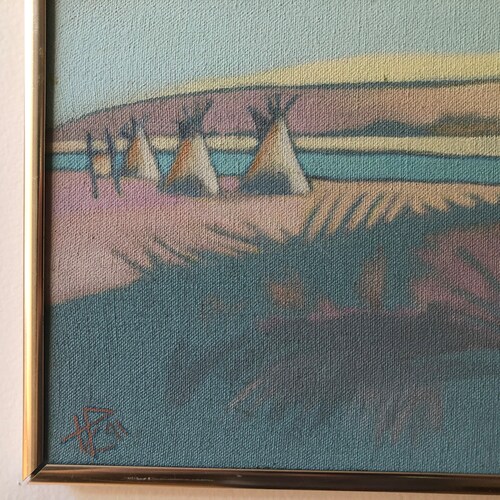 Original Vintage (1991) Acrylic on Board Painting 'Big Sky Buffalo' by Canadian Artist Howard Pedlar in Pastel shops Tones