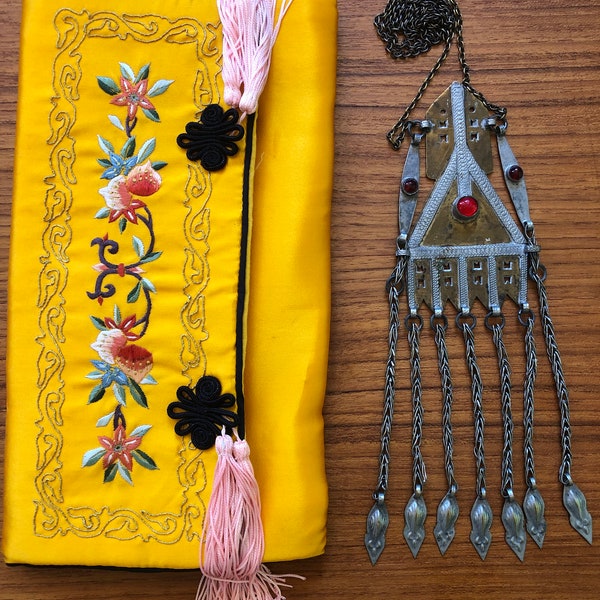 Vintage Tribal Ersari Turkmen Two Tone Metal 'Gonjik' Pendant Necklace in Oriental Silk Jewelry Pouch