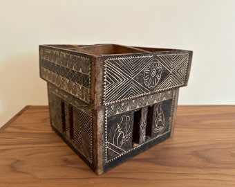 Vintage South Asian Carved Wood Betel Nut Box