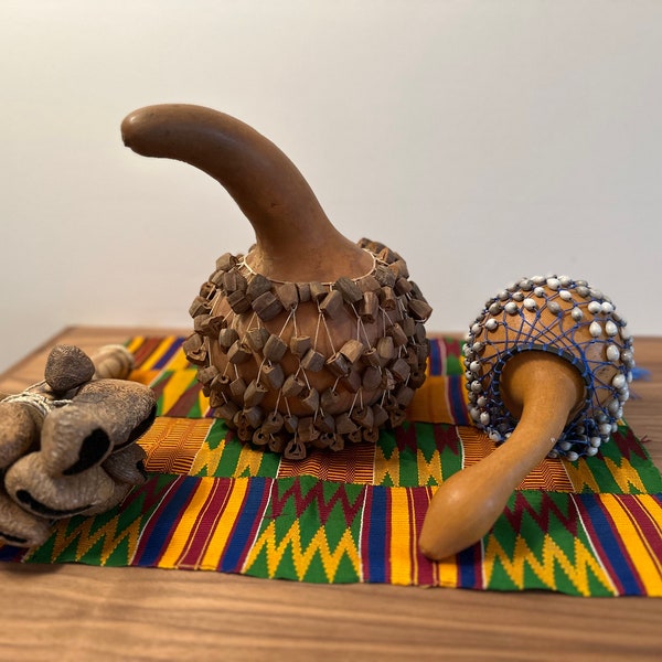 Trio of Vintage African Tribal (Cameroon) Gourd Rattle Musical Shaker Instruments