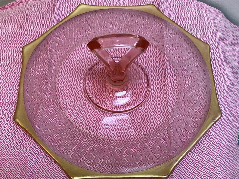 Vintage Gold Rimmed Blush Pink Depression Glass Serving Plate Etsy