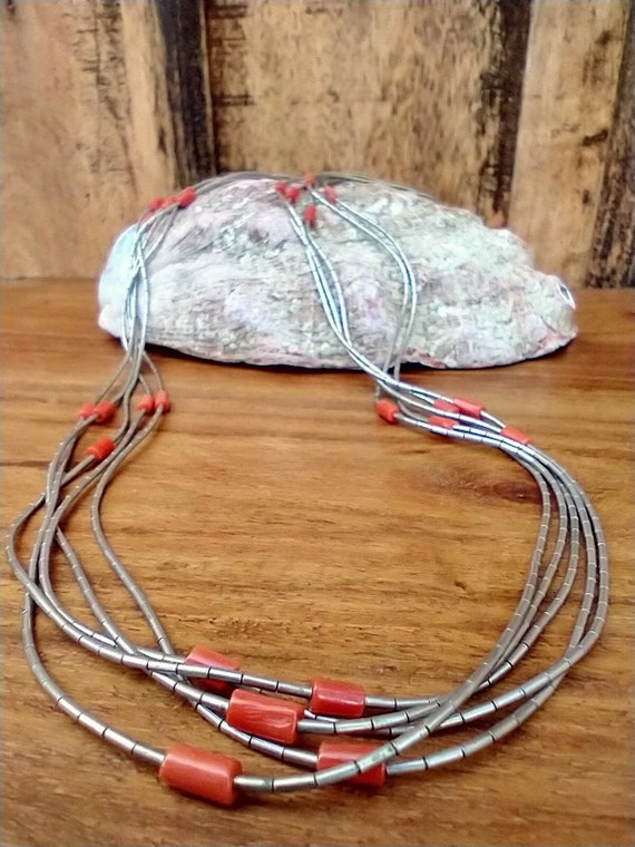 Vintage Liquid Silver and Coral Necklace - Native… - image 1