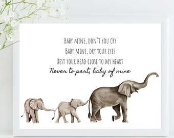 Baby Mine Song Printable, Baby Art, Nursery Wall Art, Baby Shower Gift, Farmhouse Style, kid decor, new baby gift, Lyrics decor Elephants