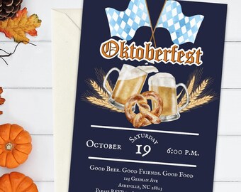 May include: An invitation to an Oktoberfest celebration with a blue background, two beer steins clinking, a pretzel, wheat stalks, and blue and white checkered flags. The text reads "Oktoberfest", "October 19", "6:00 P.M.", "Good Beer. Good Friends. Good Food", "123 German Ave", "Asheville, NC 28803", and "Please RSVP to Adam by September 28th".