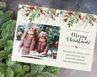 Christmas Card, High Resolution Personal Photo Instant Download, Digital File, Christmas Card, Holiday Card, 5X7 Holly and Berries