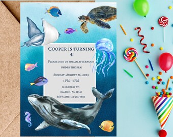 Einladung zum Geburtstag mit Unterwasser-Thema, Einladung zur Ozean-Geburtstagsparty, Einladung zur Geburtstagsparty mit Meerestieren, Einladung zur Ozean-Kinderparty, Einladung zum Ausdrucken