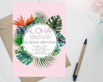 Aloha Hawaiian Luau Birthday Party Invition 5X7 birthday invitation bachelorette party invite