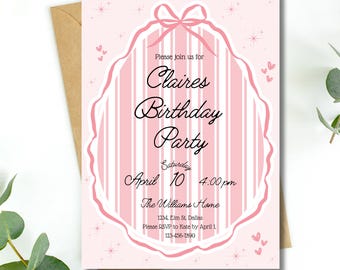 Pink Bow Birthday Invitation: Girly Party Theme (Digital Download)