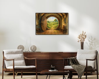 Fantasy Door Landscape Print, Cottagecore Wall Art, Storybook Illustration, Moody Green Decor, Whimsical Nature Wall Art, Cozy Home Gift