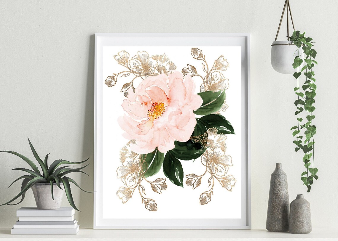 8X10 White and Gold Floral Wall Art Instant Download Digital Etsy