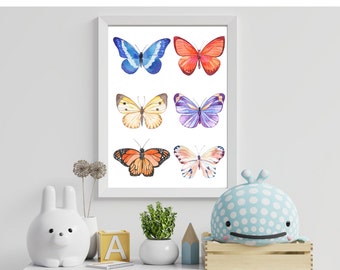 Aquarell Schmetterling Kunstdruck Blau Weiß Kinderzimmer Poster (Instant Download)
