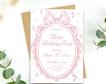 Pink Bow Birthday Invitation: Girly Party Theme (Digital Download)