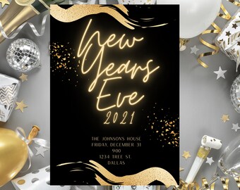 Black and Gold New Years Eve Party Invitation (PDF & JPG)