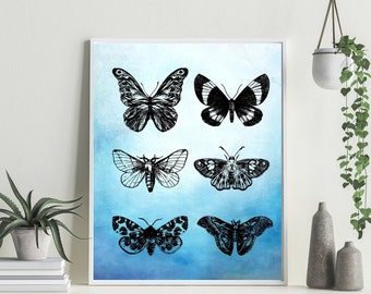 8X10 Watercolor blue butterfly Black wall art Instant Download Digital File