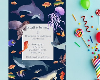 May include: A blue invitation with a watercolor illustration of sea creatures. The text reads "Wyatt is turning 4! Please join us for an afternoon under the sea! Saturday July 12 2 PM - 4:30 1234 Cherry Tree Ln. Dallas, TX 1234 RSVP: Sarah 123-456-7890"