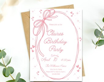 Pink Bow Birthday Invitation: Girly Party Theme (Digital Download)