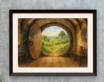 Round Door Hillside Cottage Art | Cozy Cottagecore Landscape | Whimsical Storybook Cottage Wall Decor