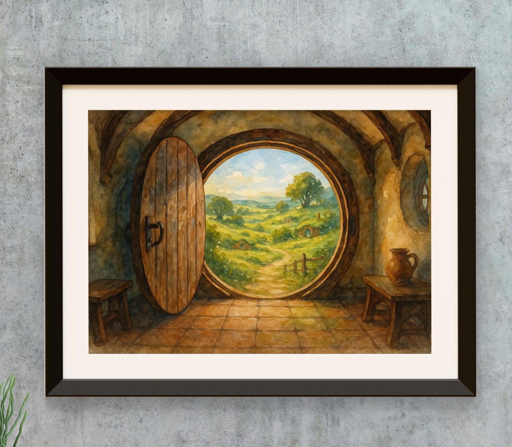 Round Door Hillside Cottage Art | Cozy Cottagecore Landscape