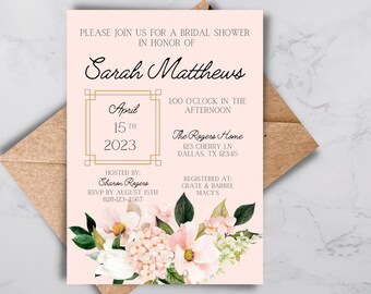 Blush Floral Bridal Shower Invitations: Elegant, Modern (Digital Download)