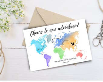 Watercolor World Map Moving Announcement (Digital Download)