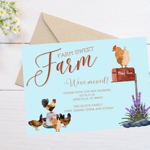 Anúncio de mudança de fazenda, cartão postal de nova casa, novo endereço, nos mudamos, DOWNLOAD INSTANTÂNEO, lar doce lar