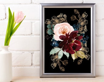 8X10 Black and Gold floral wall art Instant Download Digital File