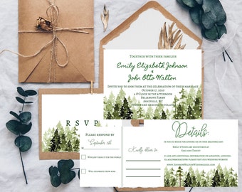 Destination Wedding Invitation Set, Mountain Wedding, Rustic wedding, Outdoor Wedding Invitation, trees Wedding Invitations Instant Download