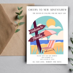 Verhuisaankondiging Florida, briefkaart nieuw huis, nieuw adres, we zijn verhuisd, INSTANT DOWNLOAD, Home Sweet Home, strand, palmboom