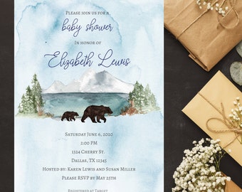 Bear Nature Mountains baby shower invitation, baby boy shower invitation, special delivery baby shower, printable shower invitation