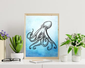 8X10 Blue Watercolor Octopus Print Art Print Instant Download