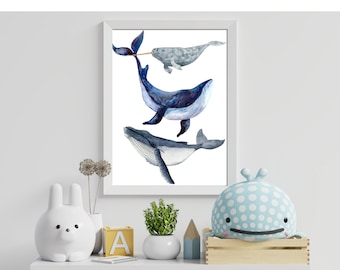 Aquarell Wale Kunstdruck: Blaue Kinderzimmer Dekoration (Digitaler Download)