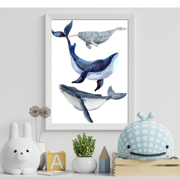 8X10 Blue white Watercolor Whales Print Art Print Instant Download Nursery Playroom art